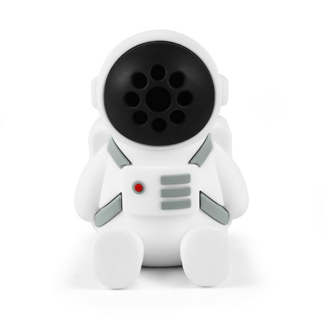 White astronaut Bluetooth speaker with black speaker grille and red indicator