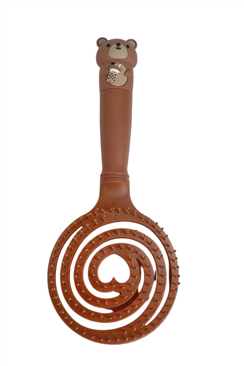 Brown bear-shaped hair brush with spiral hole base and vented pins