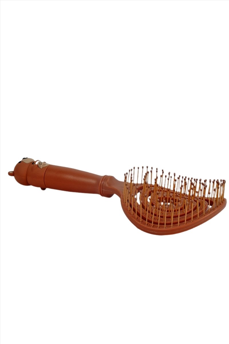 Brown spiral hair brush with hollow pins and cylindrical bear handle