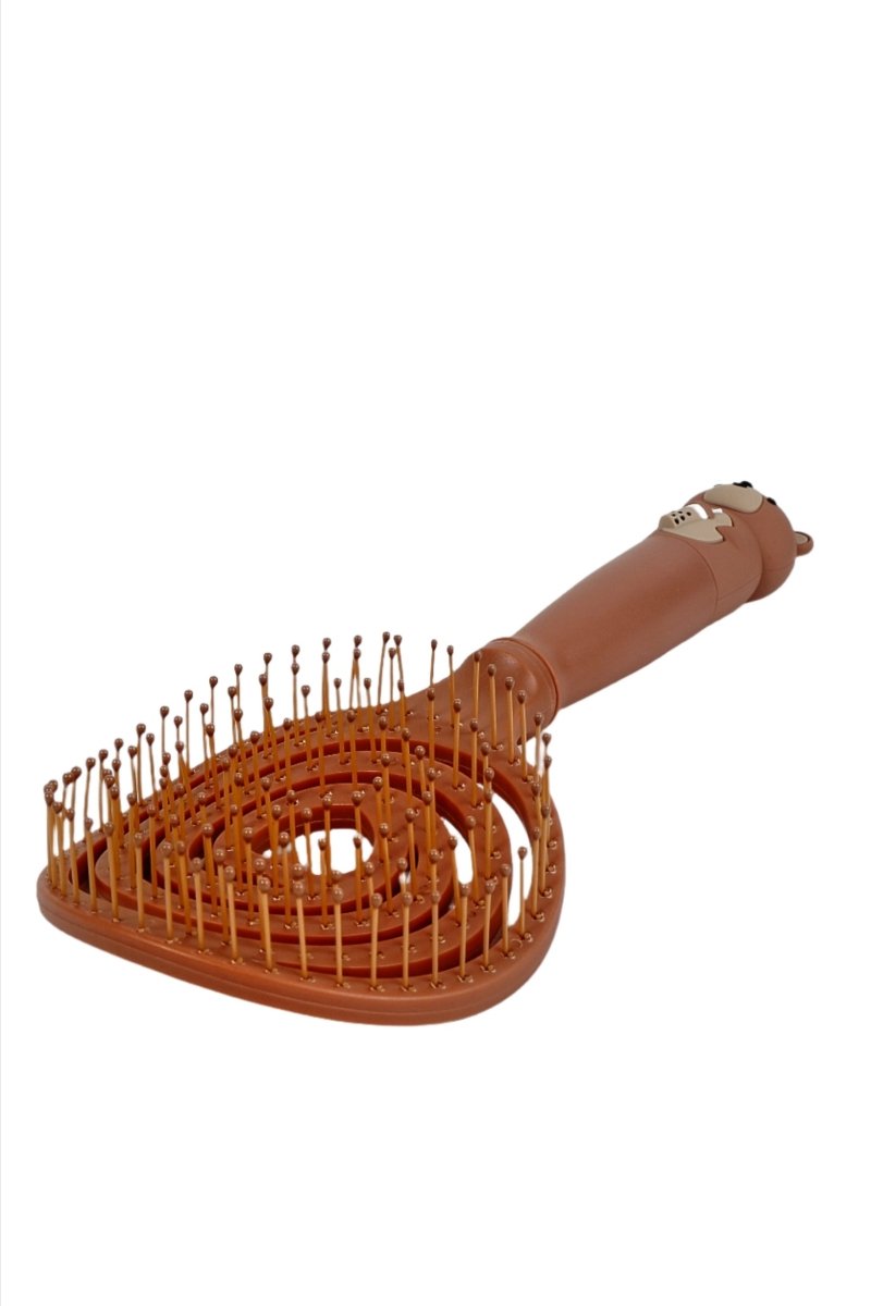Brown spiral hair brush with angled grip, bear handle, and vented pin plate