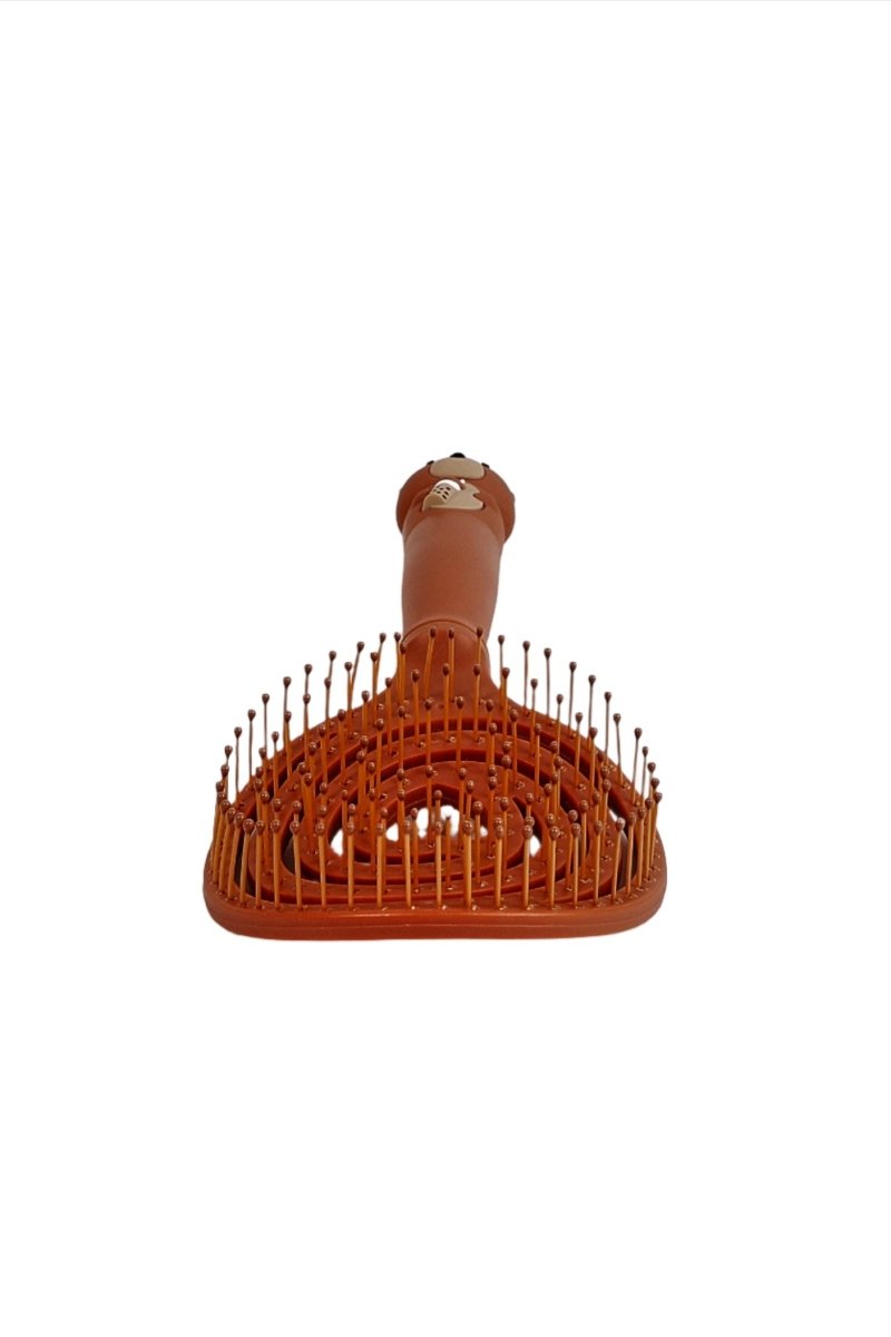 Brown spiral hair brush head with dense pins and bear handle top