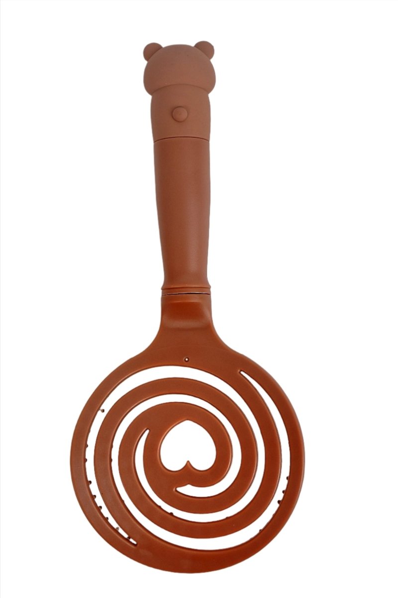 Brown bear-handled hair brush with spiral cutout base and white pin tips