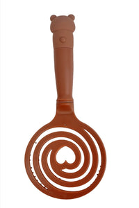 Brown bear-handled hair brush with spiral cutout base and white pin tips