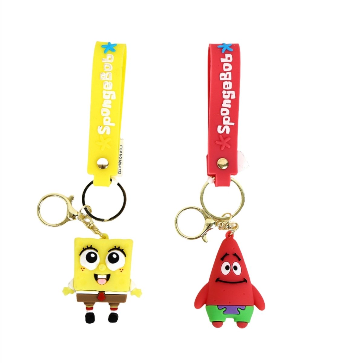Pair of cartoon keychains: SpongeBob on yellow strap and Patrick on red strap