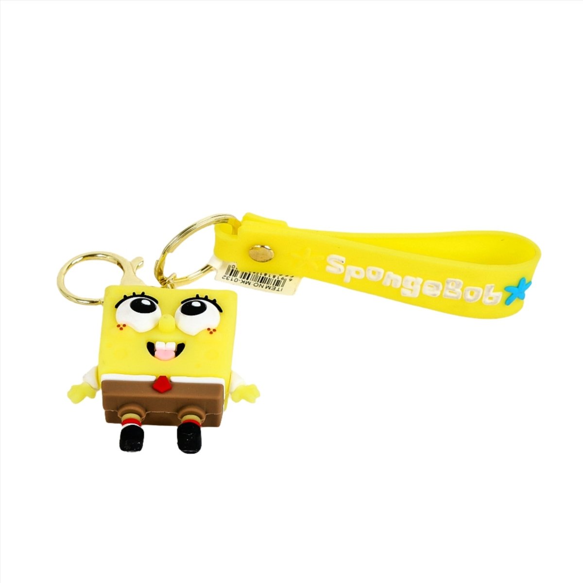 SpongeBob keychain doll on yellow strap with gold ring and star details