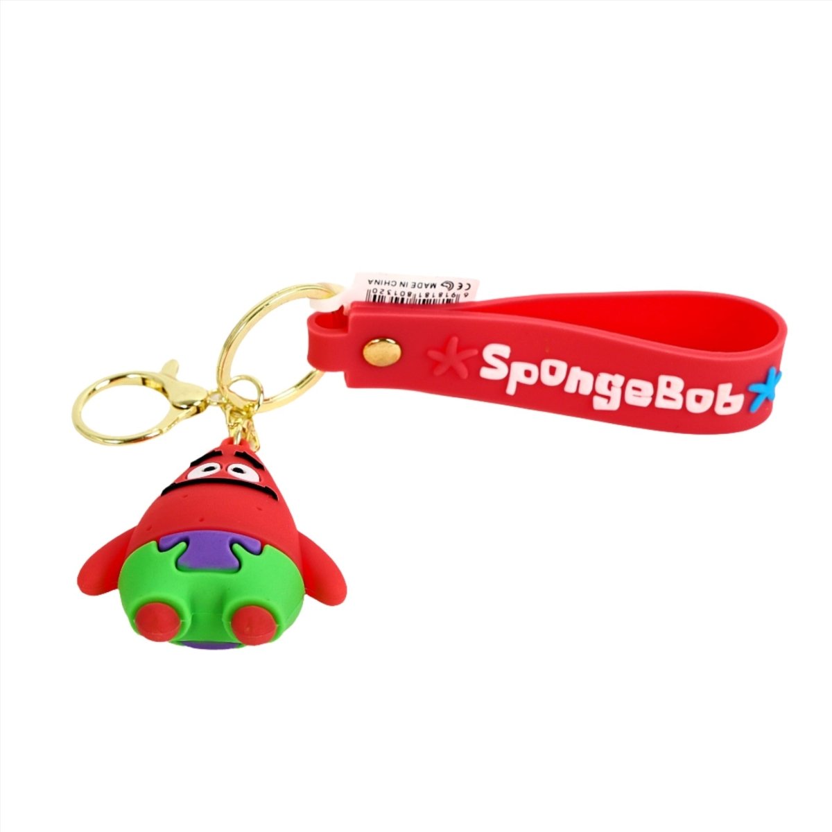Patrick Star keychain with gold clasp and red strap marked SpongeBob