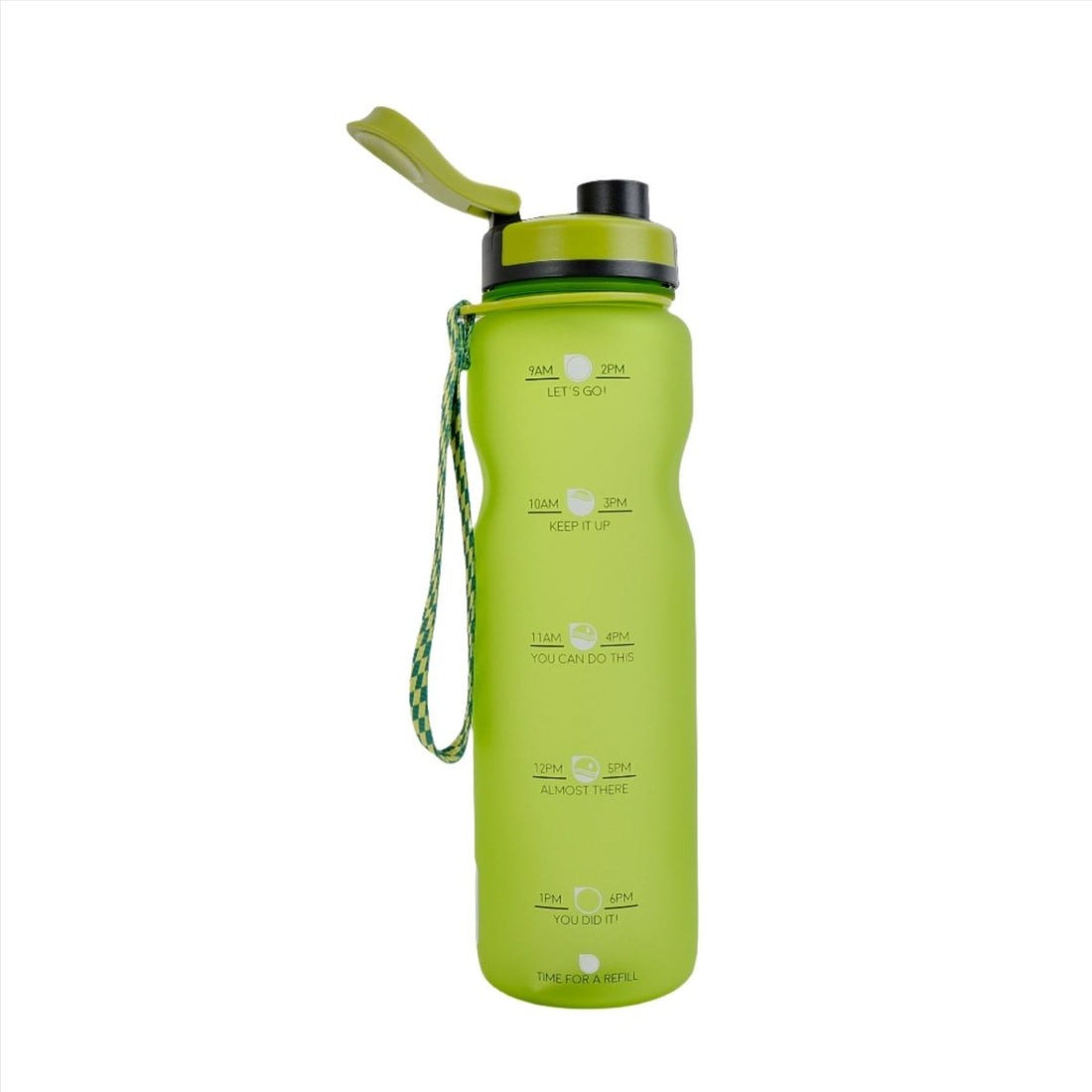 Green plastic water bottle with flip spout lid and lanyard strap, 750ml