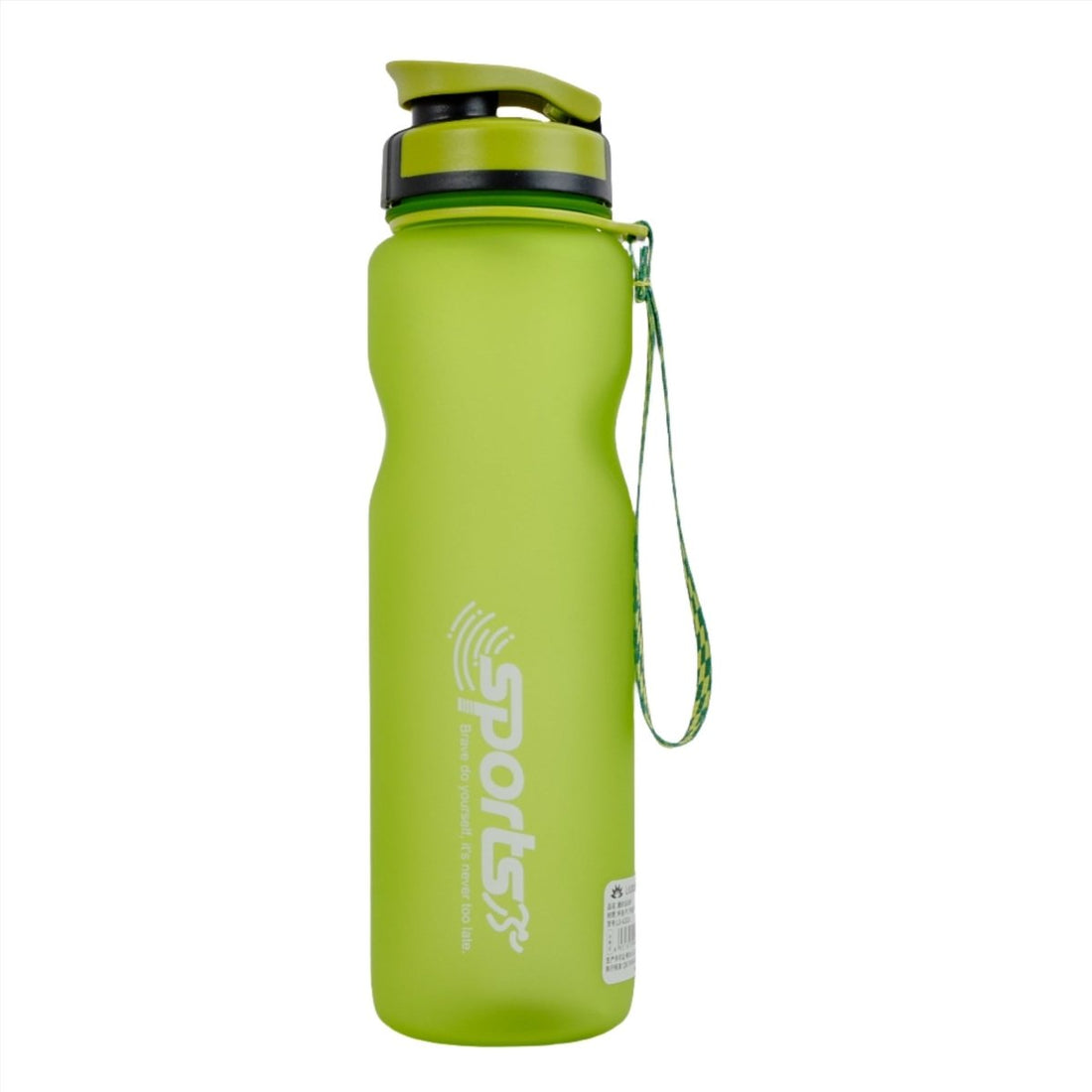 Green plastic snap water bottle with flip lid and carry loop, 750ml