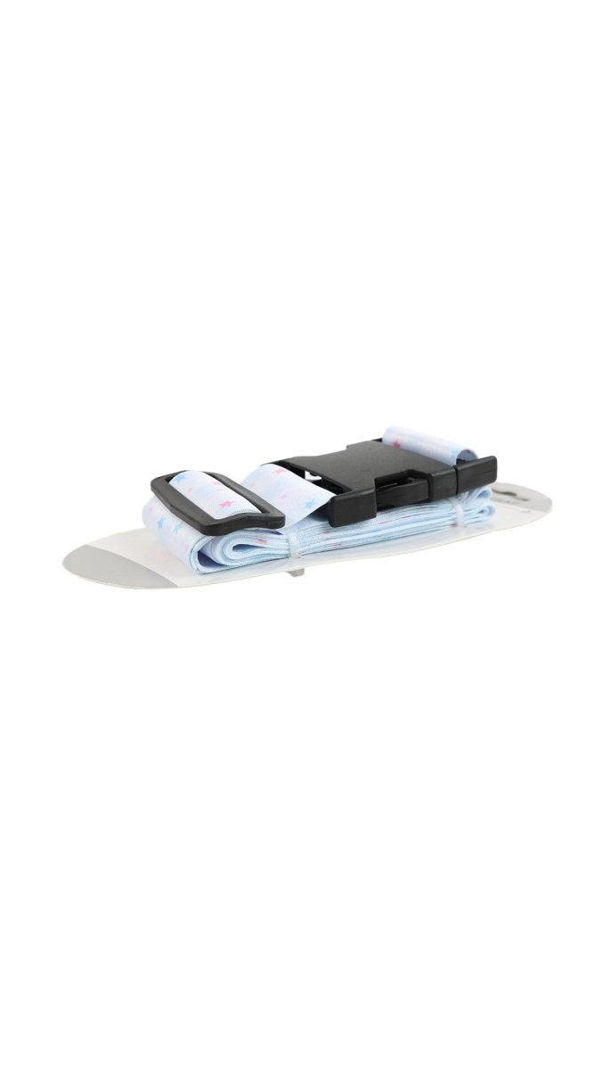 Star print luggage strap with black locking buckle and folded adjustment straps