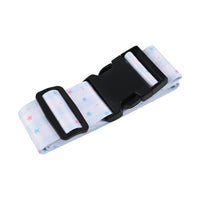 Light blue star print luggage strap with two black strap bands and metal buckle