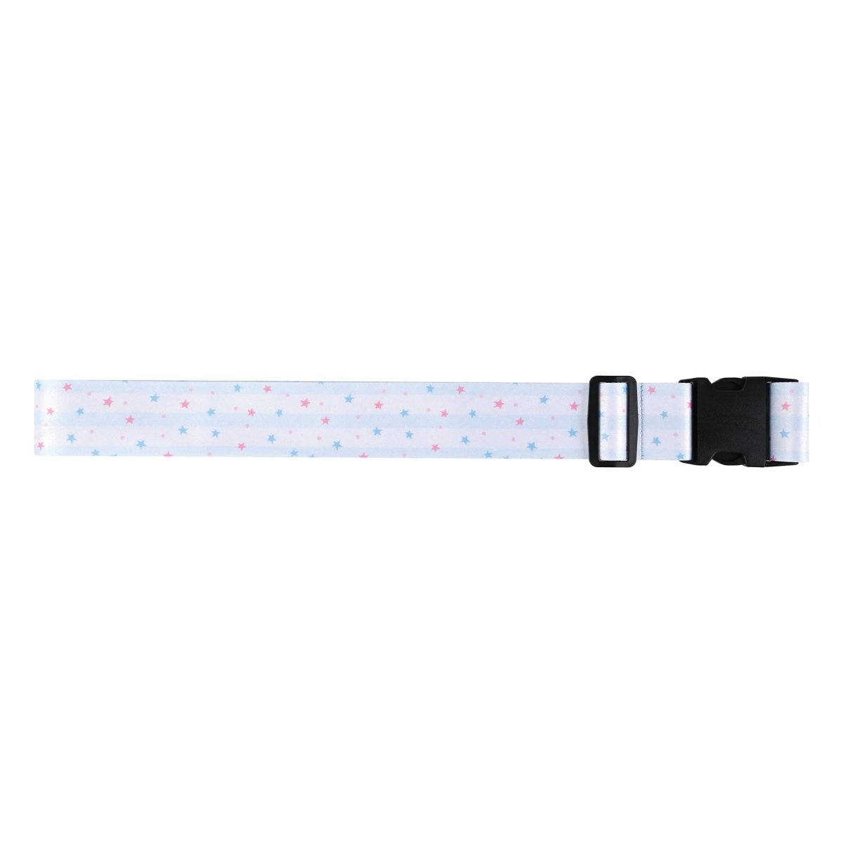 Light blue star print luggage strap with black buckle and adjustment bar at end