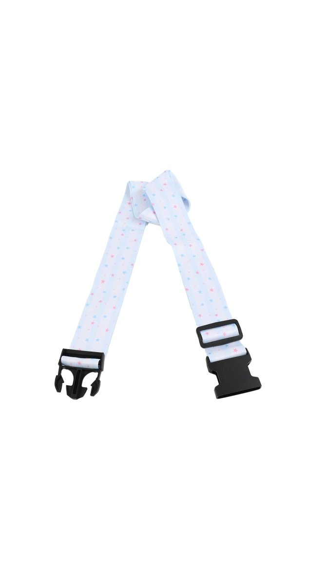 Light blue star print luggage strap with black buckles and adjustable clip