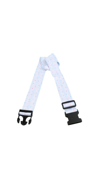 Light blue star print luggage strap with black buckles and adjustable clip