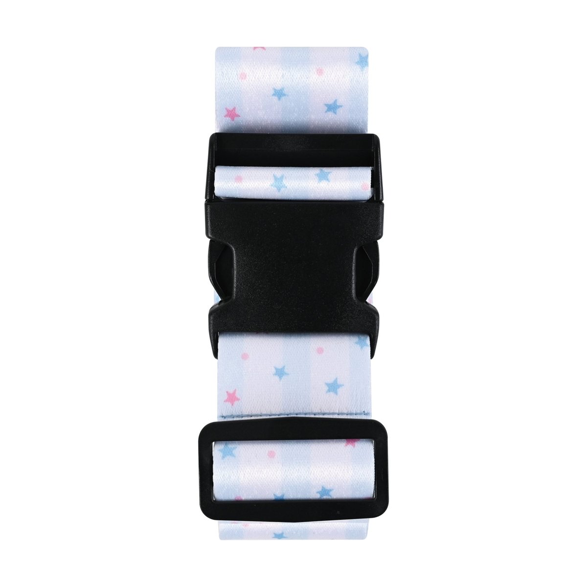 Star print luggage strap end with black locking buckle and rectangular adjustment bar
