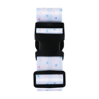 Star print luggage strap end with black locking buckle and rectangular adjustment bar