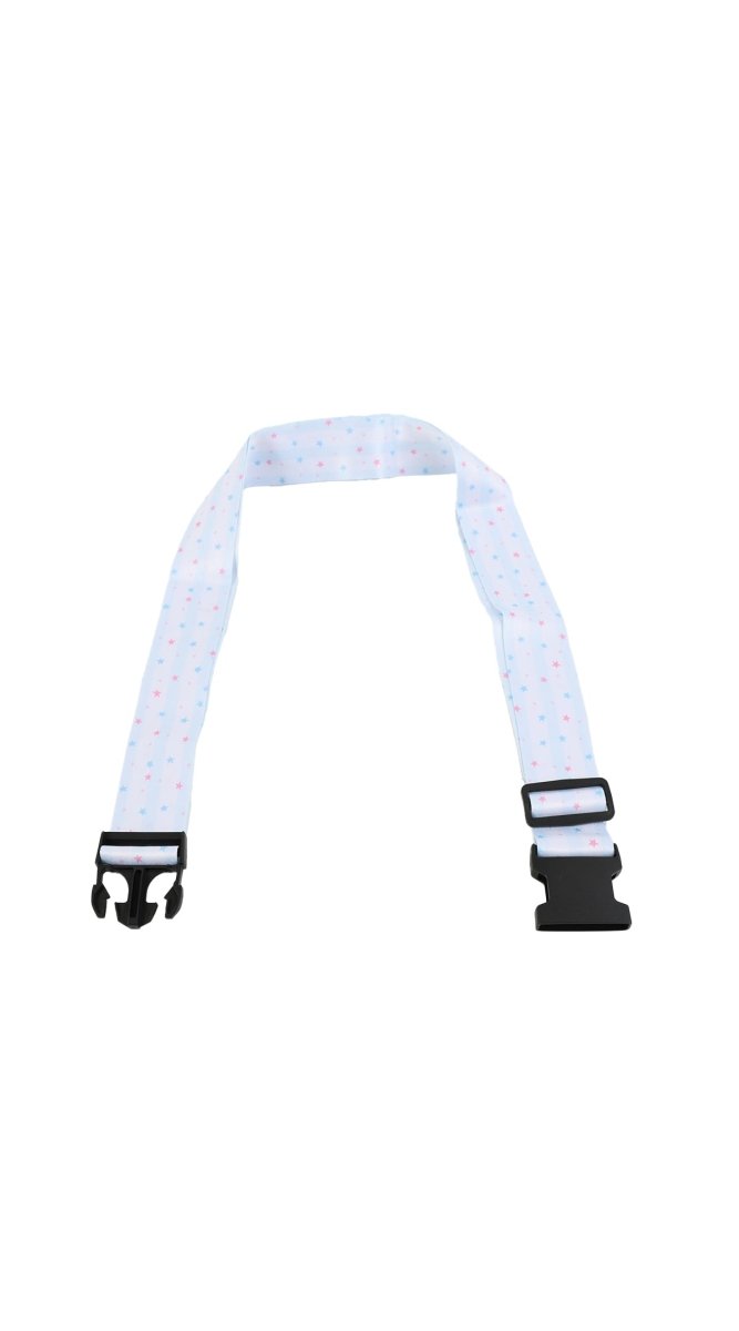 Light blue star print luggage strap with black end clamps and plastic buckle