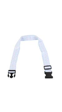 Light blue star print luggage strap with black end clamps and plastic buckle