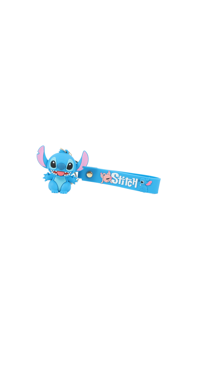 Blue silicone character keychain with 'Stitch' strap