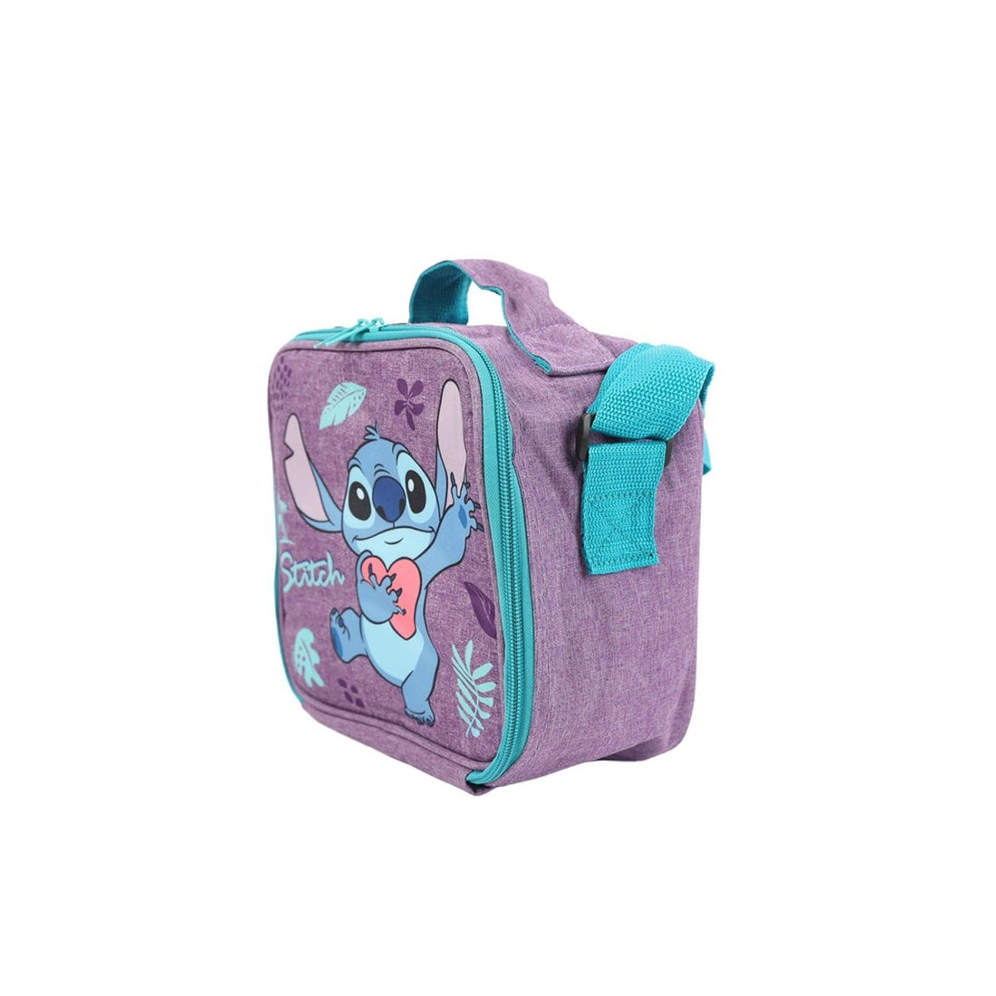 Insulated lunch bag, side view; purple fabric, teal zipper trim, Stitch print panel.