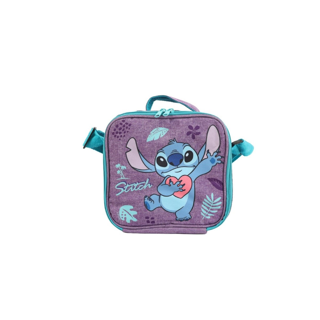 Compact insulated lunch bag with Stitch graphic; purple body, teal zipper and trim.