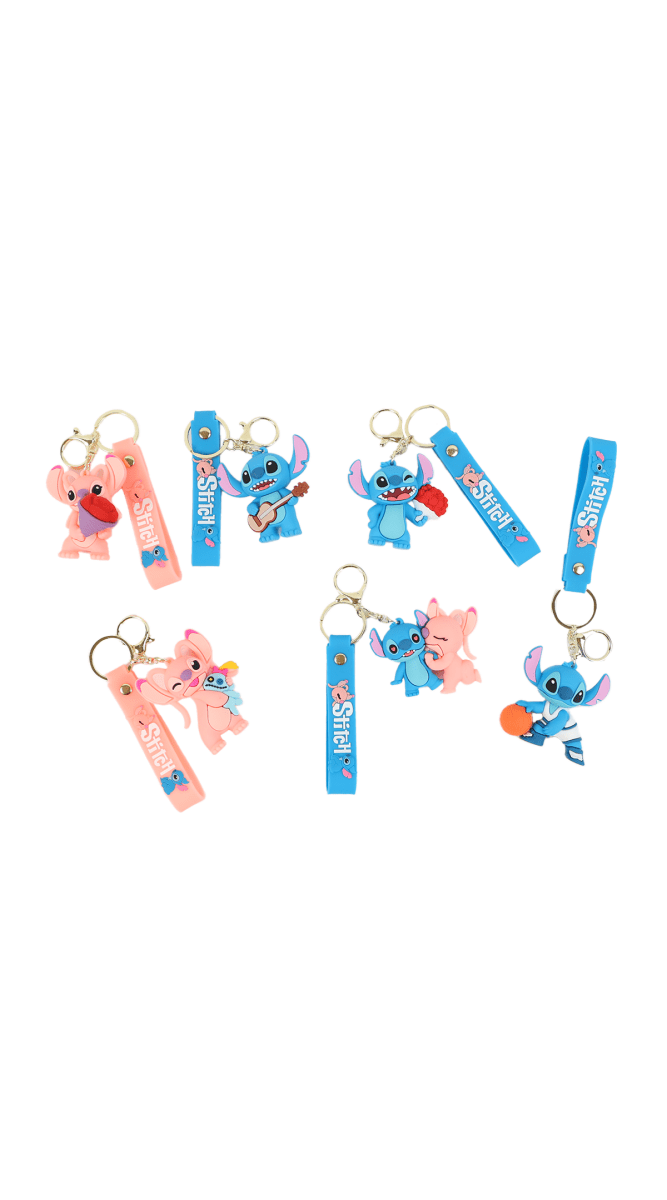 Set of silicone keychains with Stitch-themed character charms and blue straps