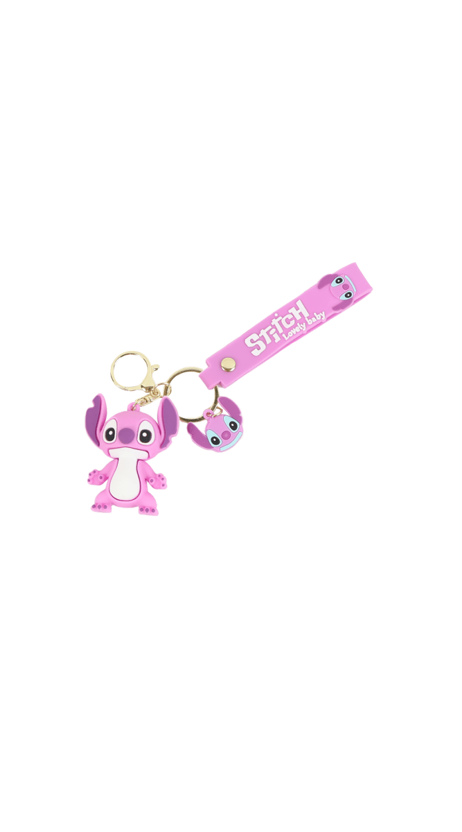 Pink silicone keychain with Stretch stitched strap and two cartoon charms