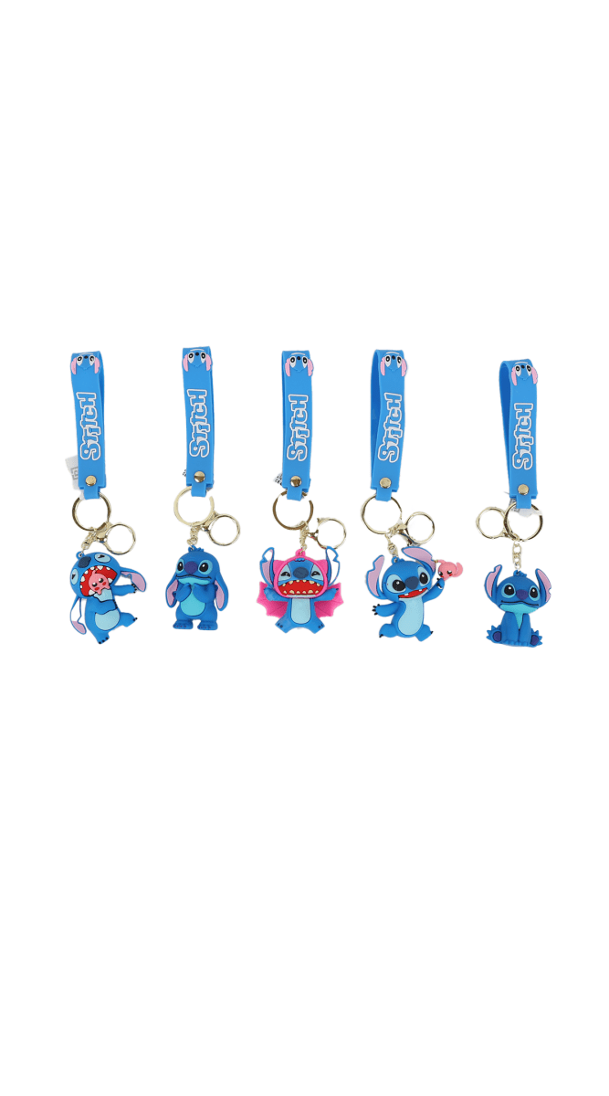 Set of five Stitch keychains with blue straps and character charms on rings