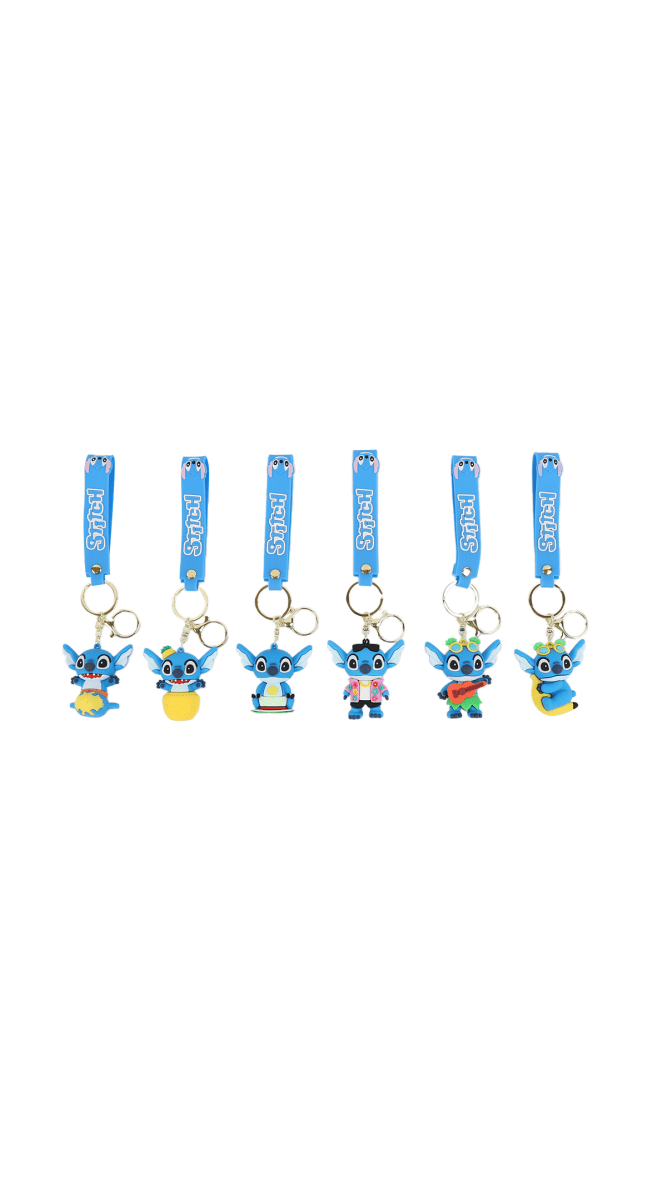Set of Stitch character keychains with blue lanyard straps and round gold keyrings