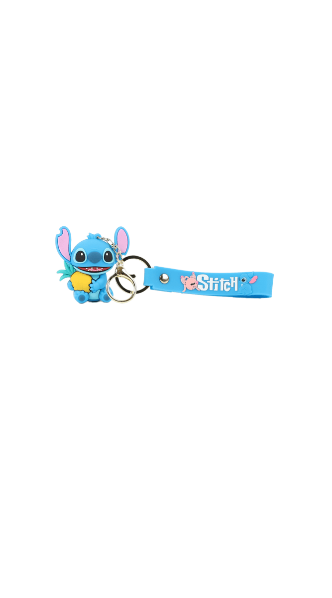 Stitch cartoon keychain with blue strap, metal keyring, and blue alien character charm