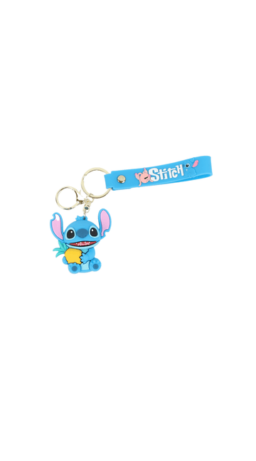 Stitch cartoon keychain with blue strap and metal ring, stitched character charm