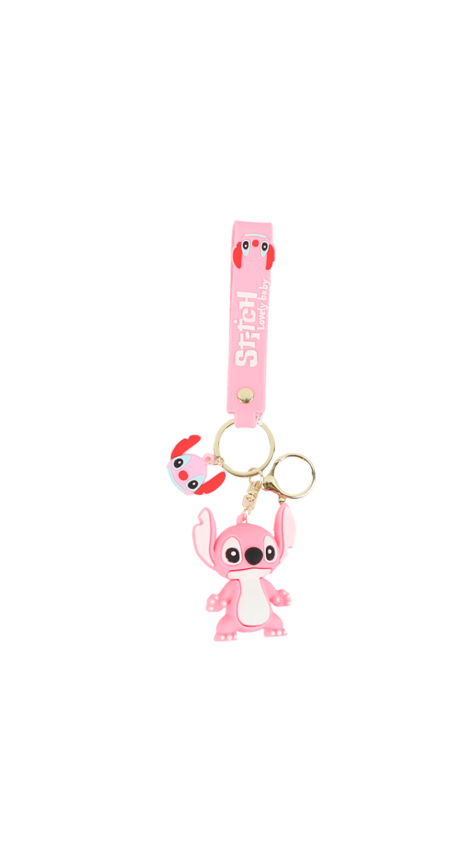 Pink vertical Stitch keychain with pig charm and gold keyring, 'Stitch' text