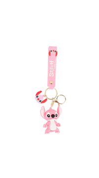 Pink vertical Stitch keychain with pig charm and gold keyring, 'Stitch' text