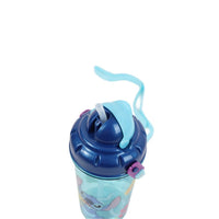 Kids cool mug lid close-up with blue top and light-blue straw, Stitch artwork on cup