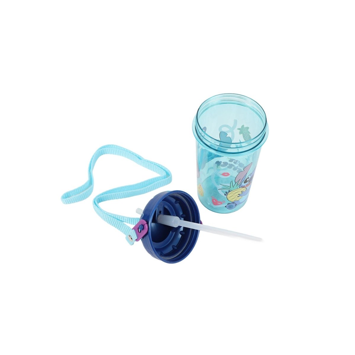 Kids cool mug with light-blue straw, carry strap, and open blue sipper lid