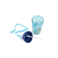 Kids cool mug with light-blue straw, carry strap, and open blue sipper lid