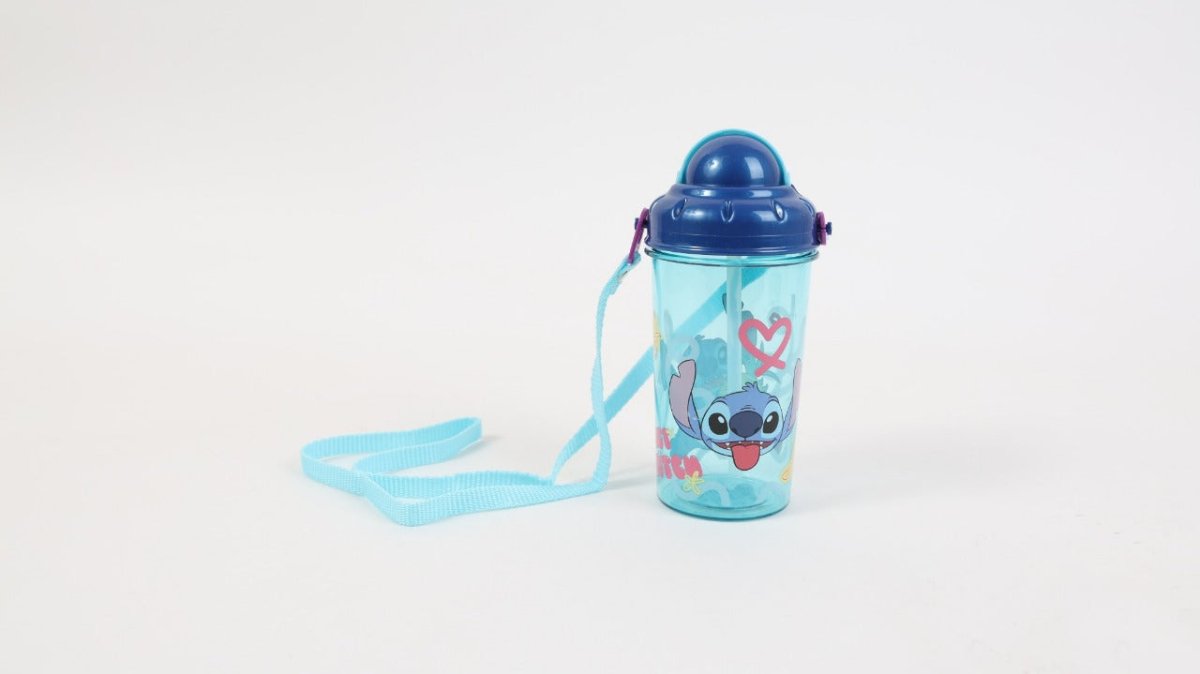 Turquoise kids cool mug with blue lid, Stitch graphic, and light-blue carry strap
