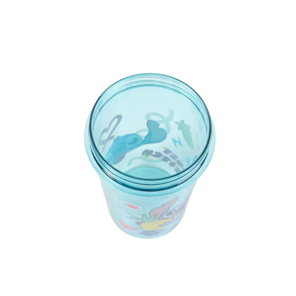Top view of kids cool mug opening with blue rim and Stitch artwork inside