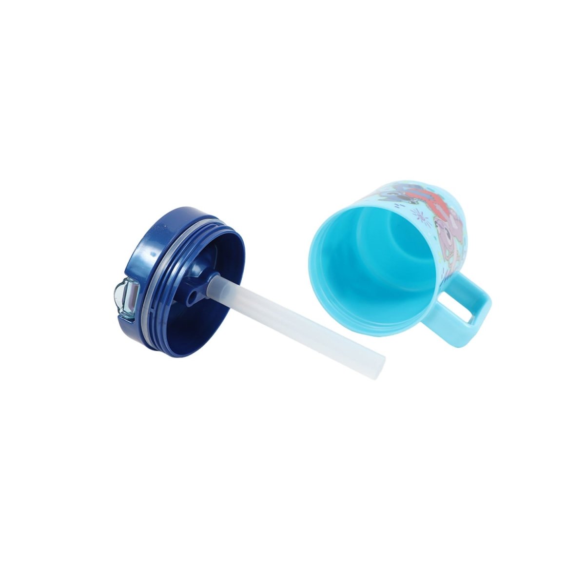 Light blue kids mug with open lid and clear straw tube, Stitch artwork