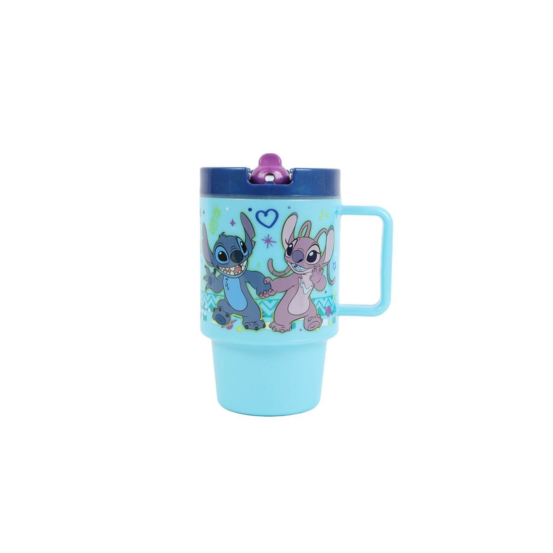 Light blue kids mug with purple lid, handle, and Stitch character print