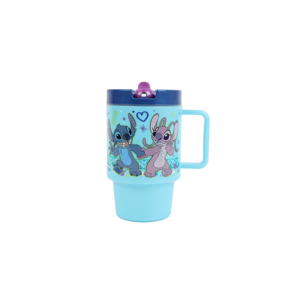 Light blue kids mug with purple lid, handle, and Stitch character print