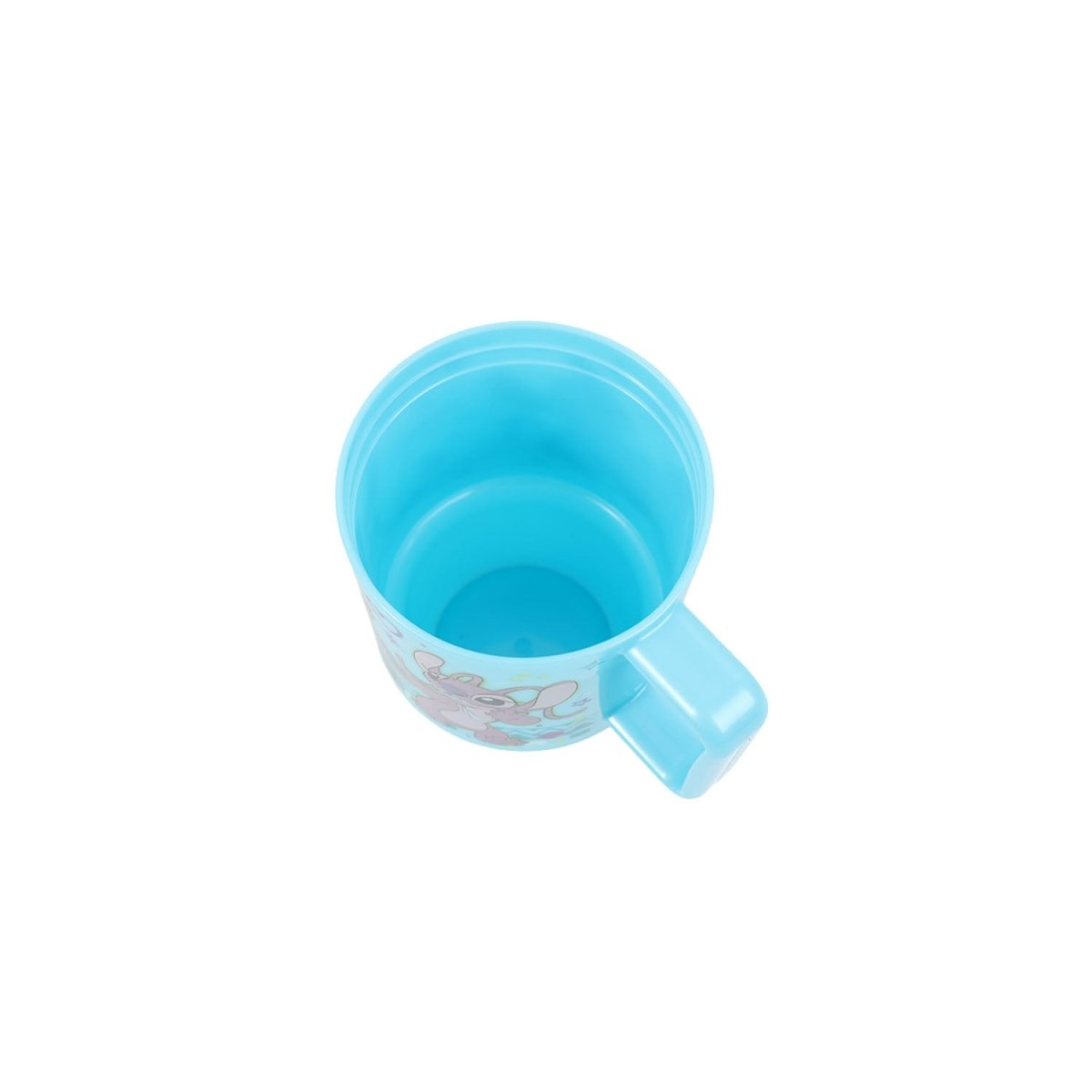 Light blue kids mug with handle, open top, and Stitch character print