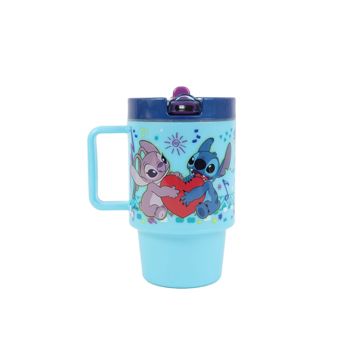 Light blue kids mug with purple clip lid and Stitch heart design