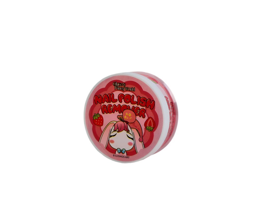 Nail polish remover jar, strawberry-themed label and striped pattern on lid