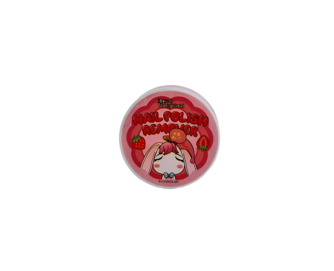 Nail polish remover jar with strawberry-themed label, round plastic container