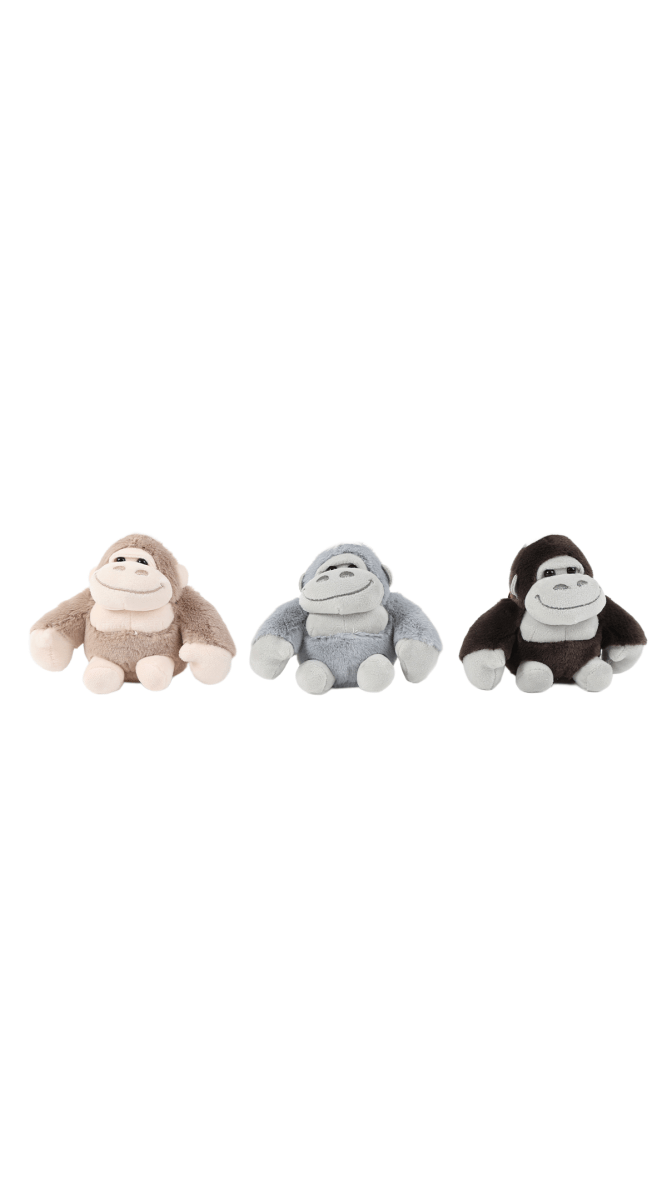 Set of plush gorilla keychains: tan, gray, and black with smiling faces