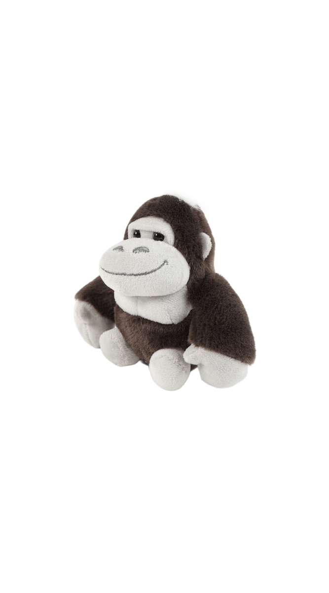 Stuffed dark gorilla keychain with white muzzle and raised arms, plush