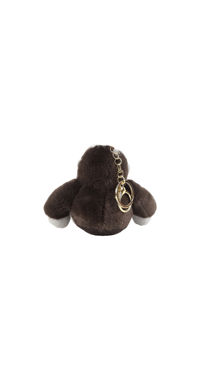 Stuffed gorilla keychain with metal ring and short chain, plush dark brown