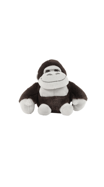 Stuffed black-brown gorilla keychain, plush face with white muzzle and belly