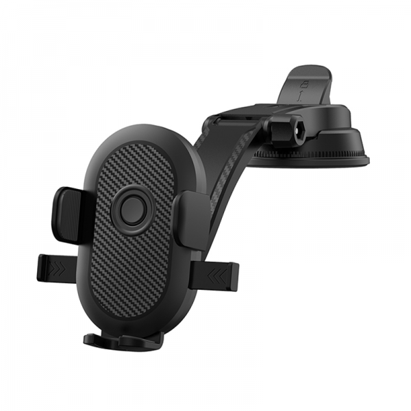 Car phone mount with carbon-fiber style plate and suction base, black