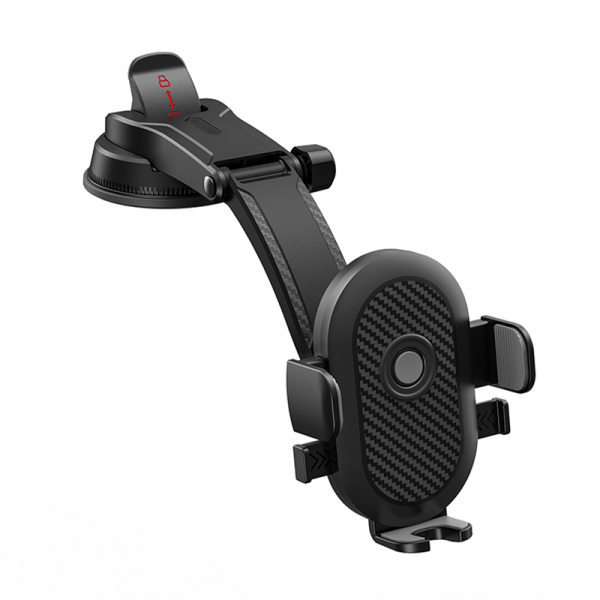 Car phone mount with pivot arm and carbon-fiber style phone holder, black